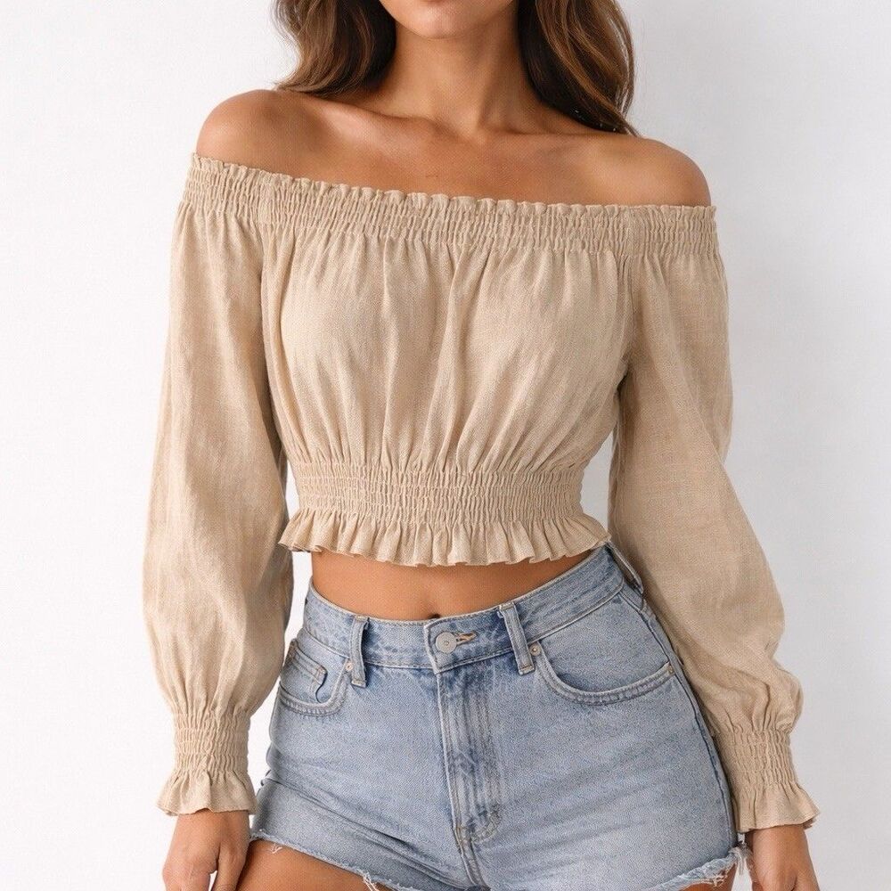 Show Me Your Mumu Womens XS Short Smocked Crop Top Metallic Gold Peasant